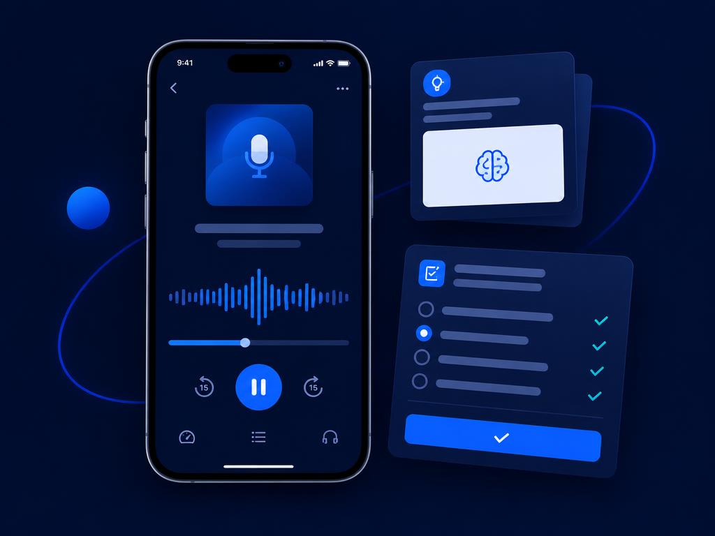 Edvanta on a phone: a notes podcast playing, next to a flashcard and a practice test